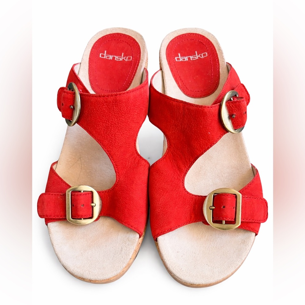 Title: Dansko Red Leather Cork Wedge Comfort Sandals US 8.5 EU 39